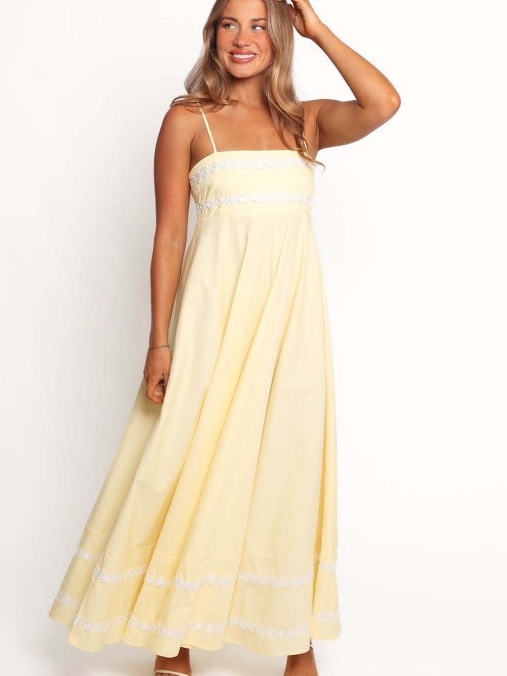 Petal & Pup Pale Yellow Maxi Dress with White Lace